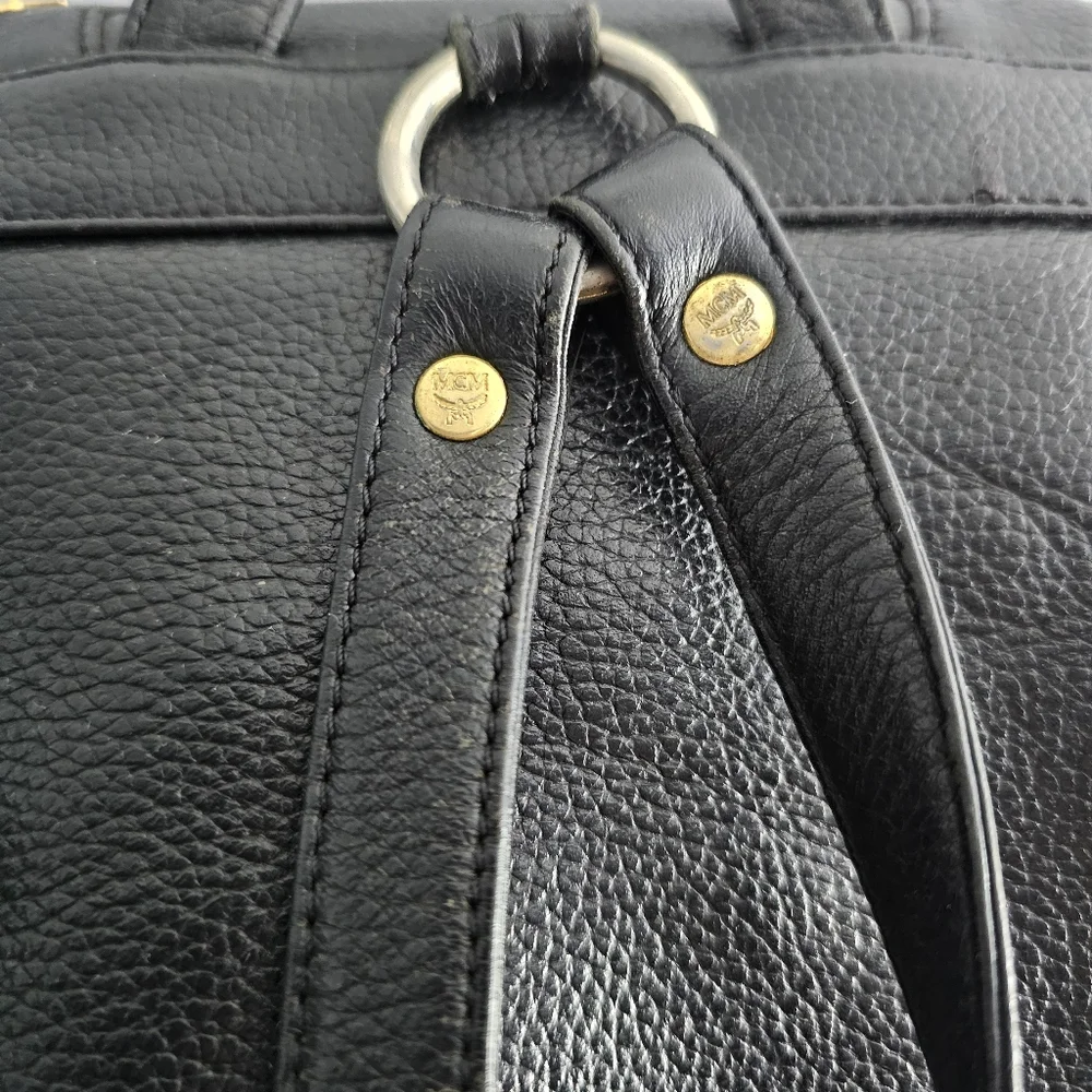 MCM Black Pebbled Calf Leather Logo Backpack